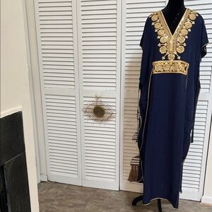 Elegant Navy and Gold Embellished Kaftan Dress